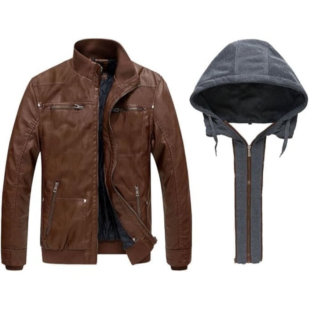Men's Brown-Thick Winter Coat Faux Leather Spring Jacket with Removable Hood - Picture 2 of 6